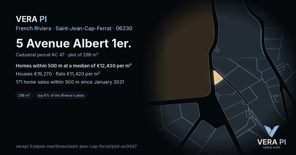 5 Avenue Albert 1er, Saint-Jean-Cap-Ferrat at night – the plot lit, the parcels around coloured by the prices near them