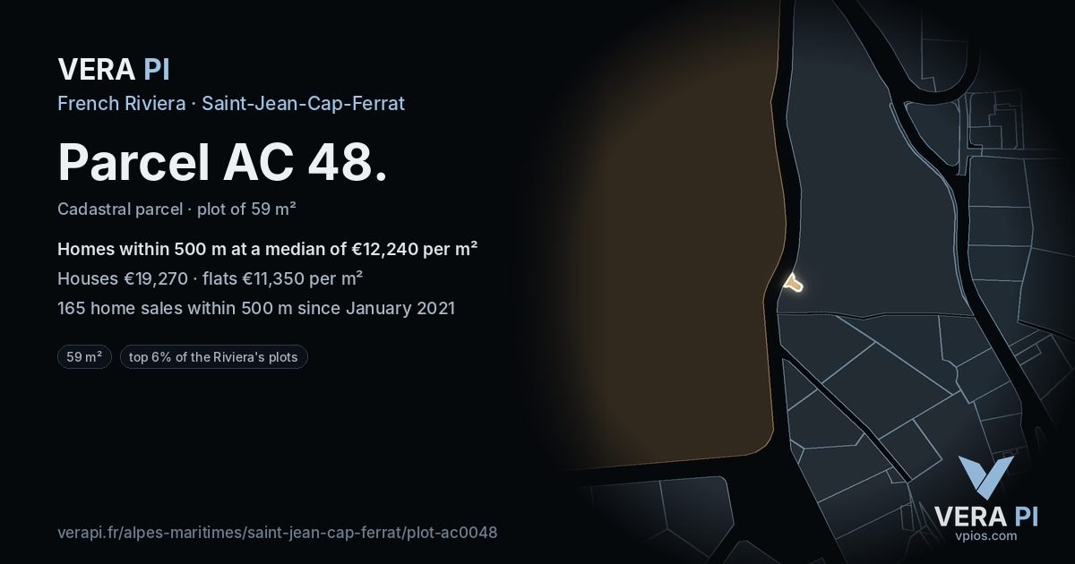 Parcel AC 48, Saint-Jean-Cap-Ferrat at night – the plot lit, the parcels around coloured by the prices near them