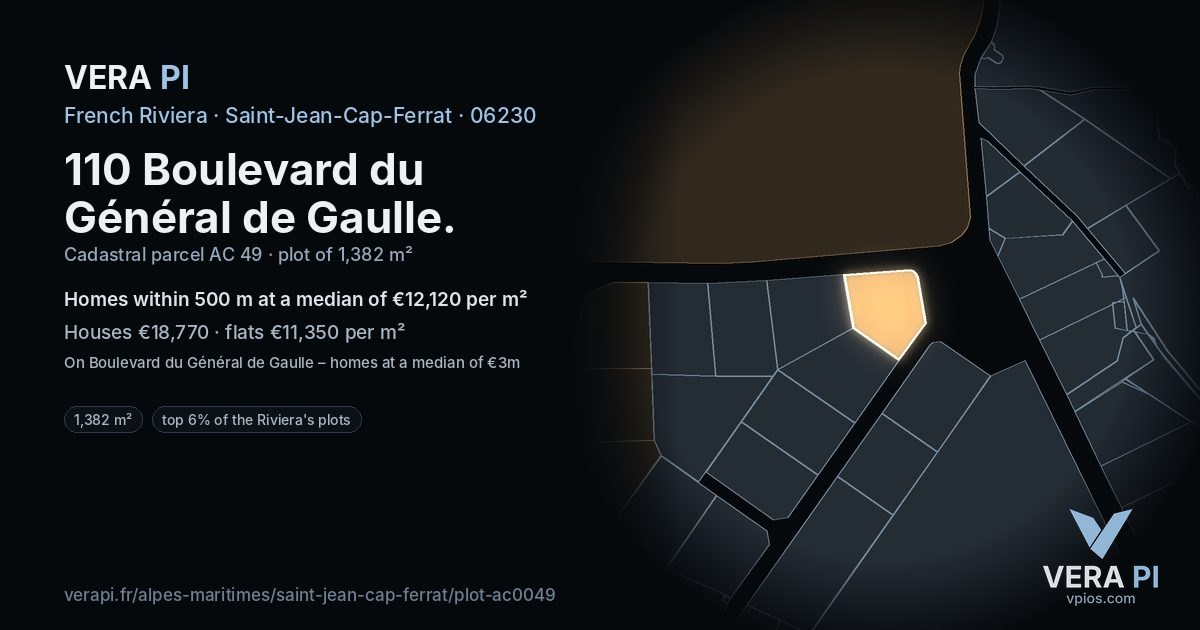 110 Boulevard du Général de Gaulle, Saint-Jean-Cap-Ferrat at night – the plot lit, the parcels around coloured by the prices near them