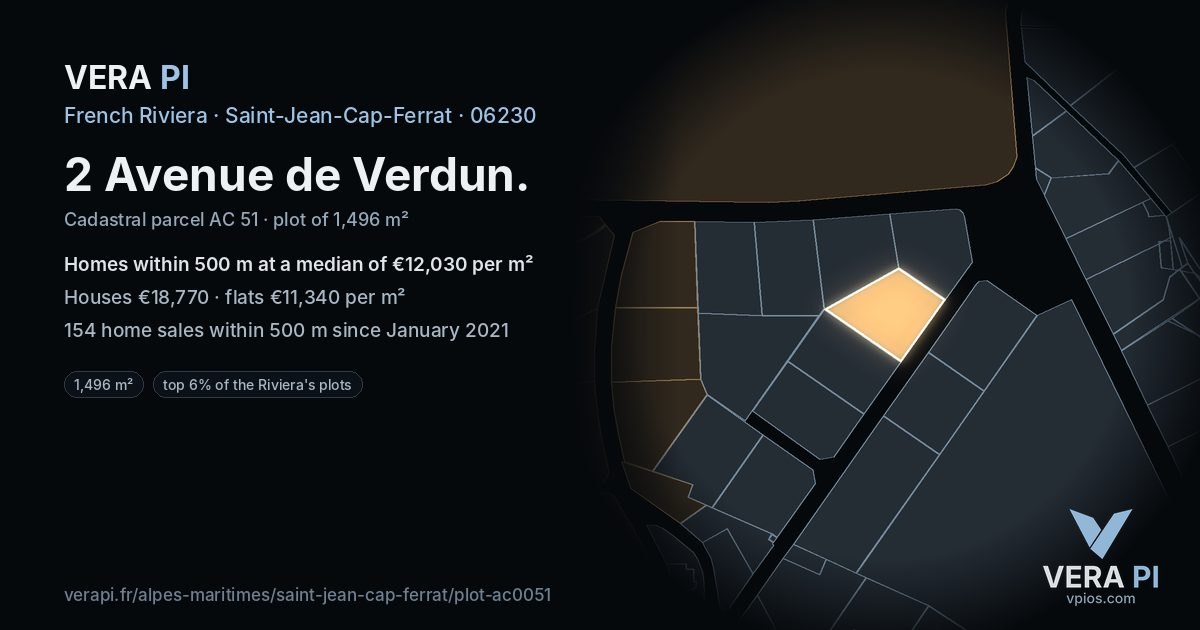 2 Avenue de Verdun, Saint-Jean-Cap-Ferrat at night – the plot lit, the parcels around coloured by the prices near them
