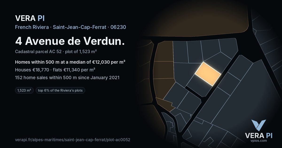 4 Avenue de Verdun, Saint-Jean-Cap-Ferrat at night – the plot lit, the parcels around coloured by the prices near them