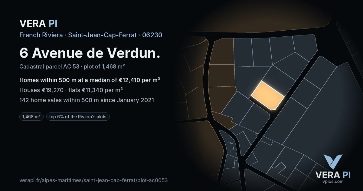 6 Avenue de Verdun, Saint-Jean-Cap-Ferrat at night – the plot lit, the parcels around coloured by the prices near them