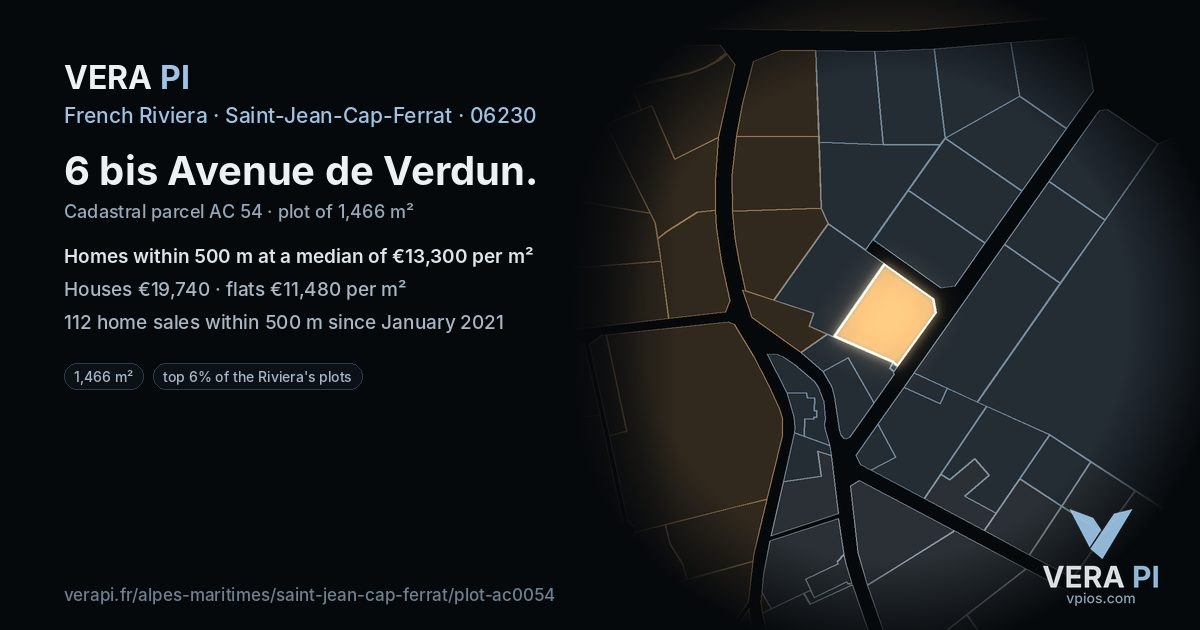 6 bis Avenue de Verdun, Saint-Jean-Cap-Ferrat at night – the plot lit, the parcels around coloured by the prices near them