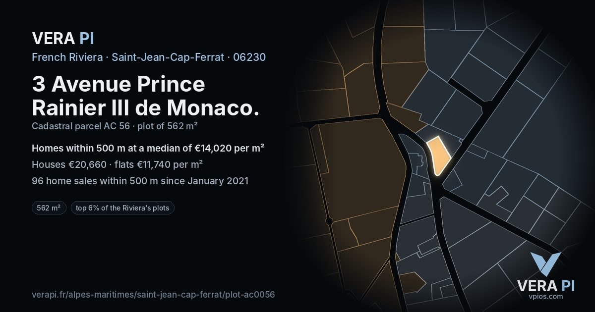 3 Avenue Prince Rainier III de Monaco, Saint-Jean-Cap-Ferrat at night – the plot lit, the parcels around coloured by the prices near them