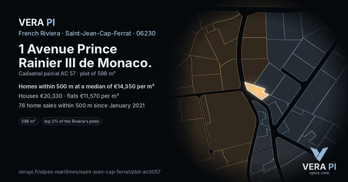 1 Avenue Prince Rainier III de Monaco, Saint-Jean-Cap-Ferrat at night – the plot lit, the parcels around coloured by the prices near them