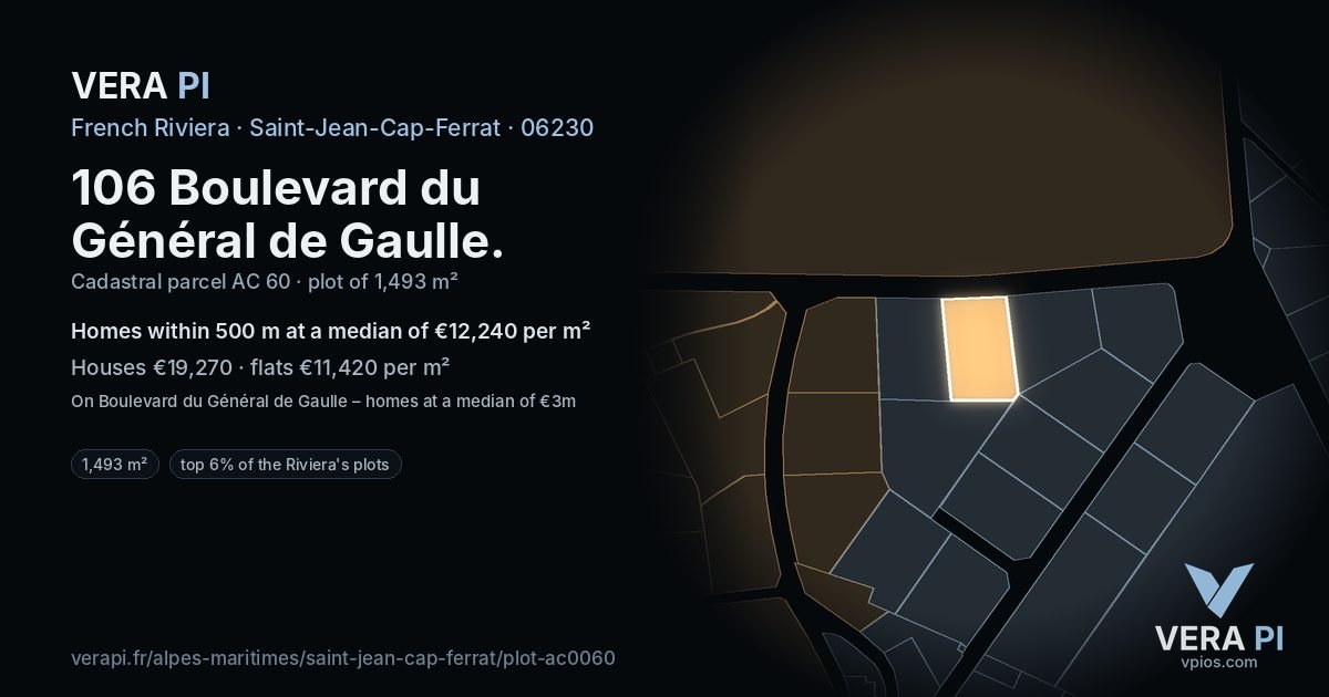 106 Boulevard du Général de Gaulle, Saint-Jean-Cap-Ferrat at night – the plot lit, the parcels around coloured by the prices near them