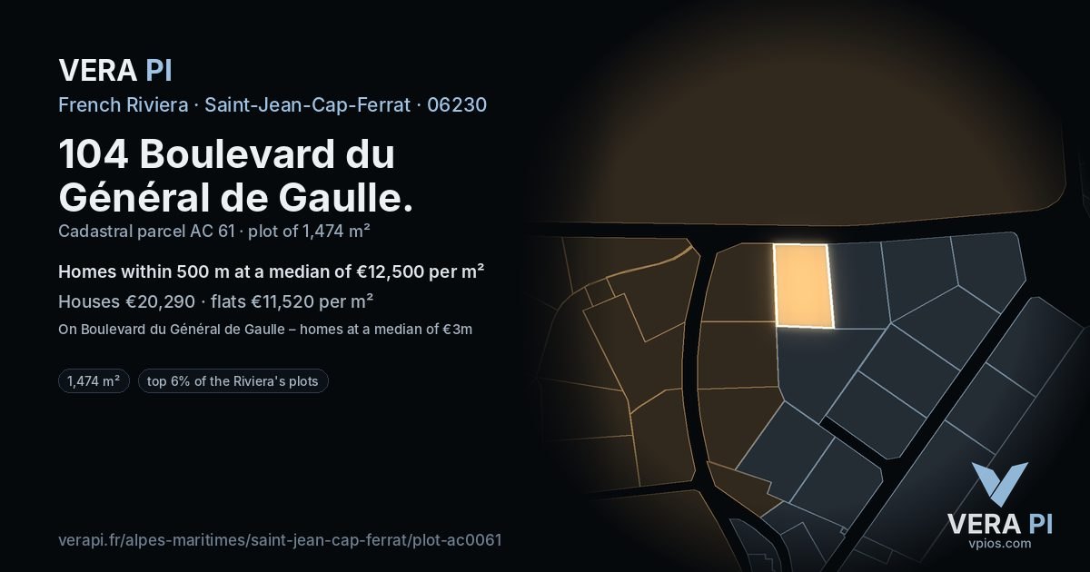 104 Boulevard du Général de Gaulle, Saint-Jean-Cap-Ferrat at night – the plot lit, the parcels around coloured by the prices near them