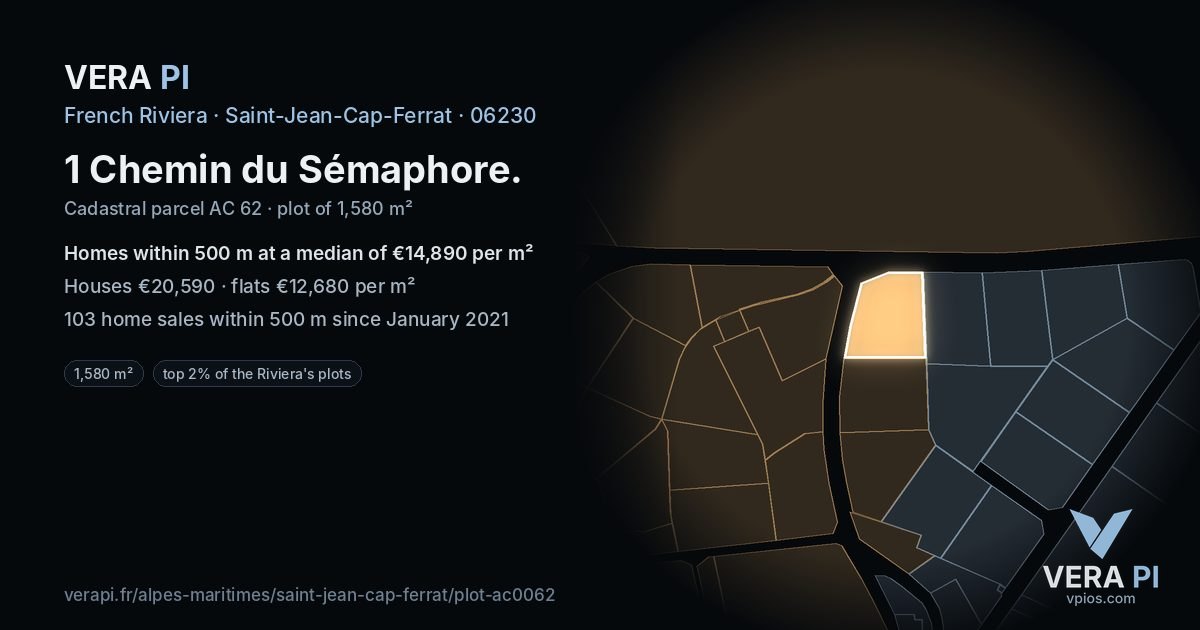 1 Chemin du Sémaphore, Saint-Jean-Cap-Ferrat at night – the plot lit, the parcels around coloured by the prices near them