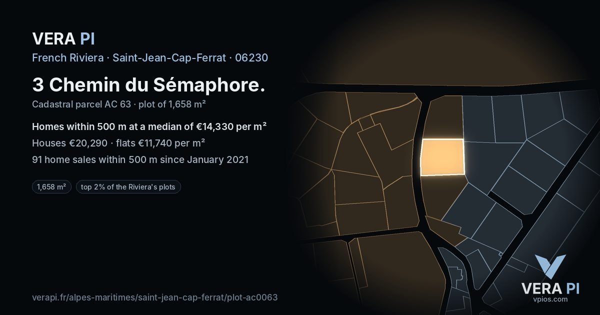 3 Chemin du Sémaphore, Saint-Jean-Cap-Ferrat at night – the plot lit, the parcels around coloured by the prices near them