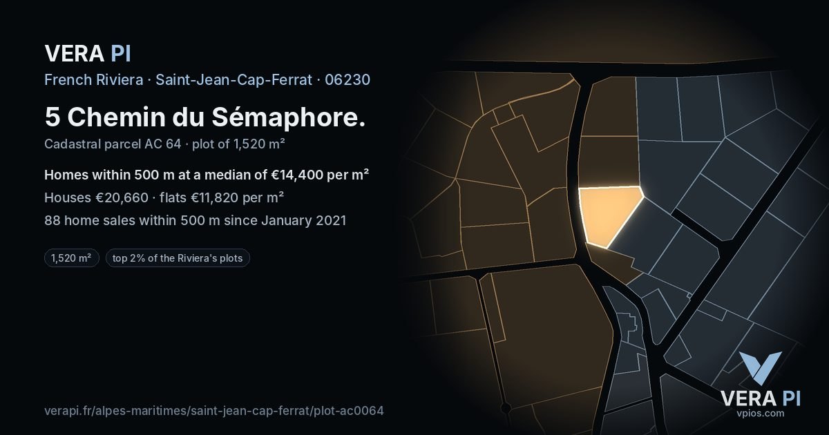 5 Chemin du Sémaphore, Saint-Jean-Cap-Ferrat at night – the plot lit, the parcels around coloured by the prices near them
