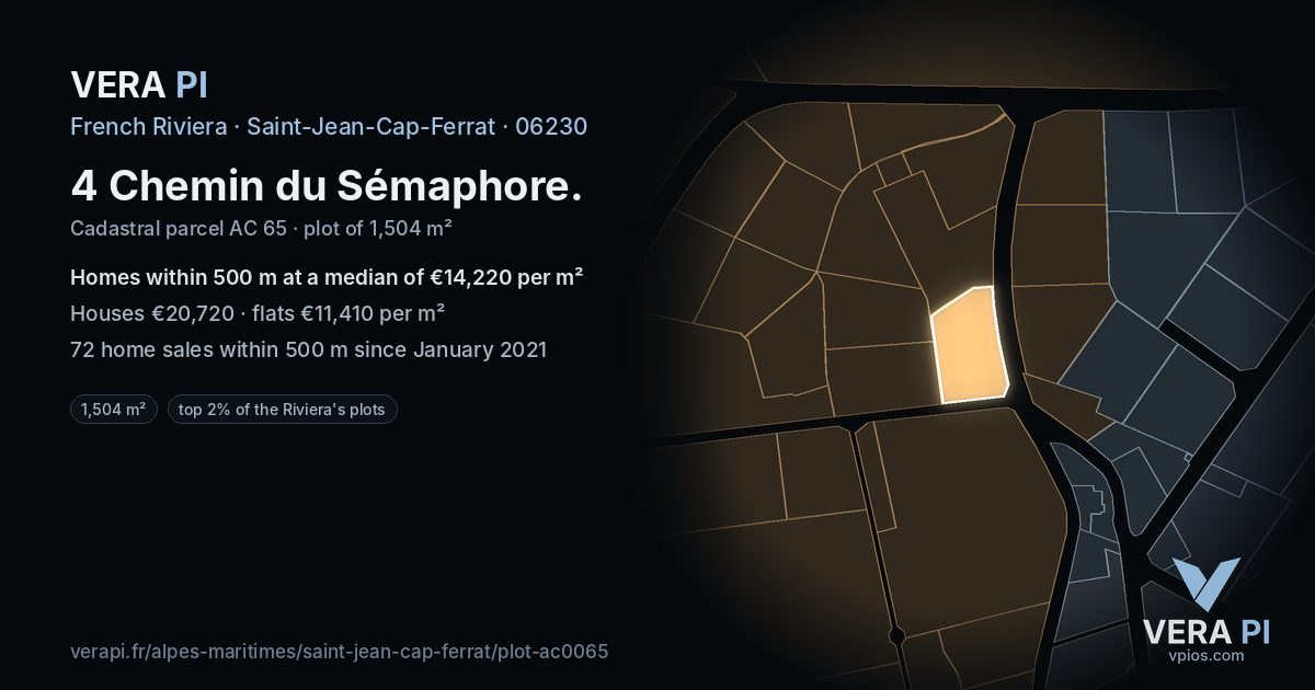 4 Chemin du Sémaphore, Saint-Jean-Cap-Ferrat at night – the plot lit, the parcels around coloured by the prices near them