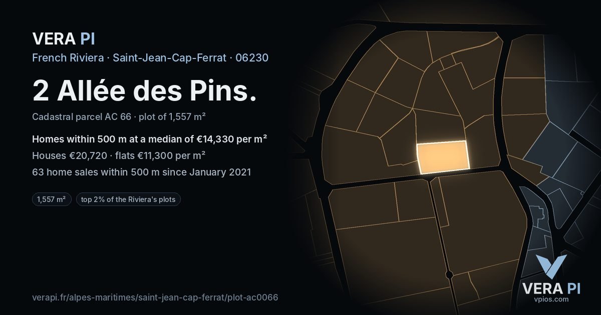 2 Allée des Pins, Saint-Jean-Cap-Ferrat at night – the plot lit, the parcels around coloured by the prices near them