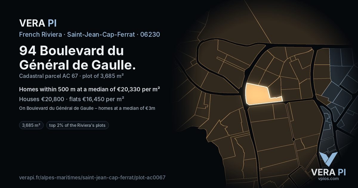 94 Boulevard du Général de Gaulle, Saint-Jean-Cap-Ferrat at night – the plot lit, the parcels around coloured by the prices near them