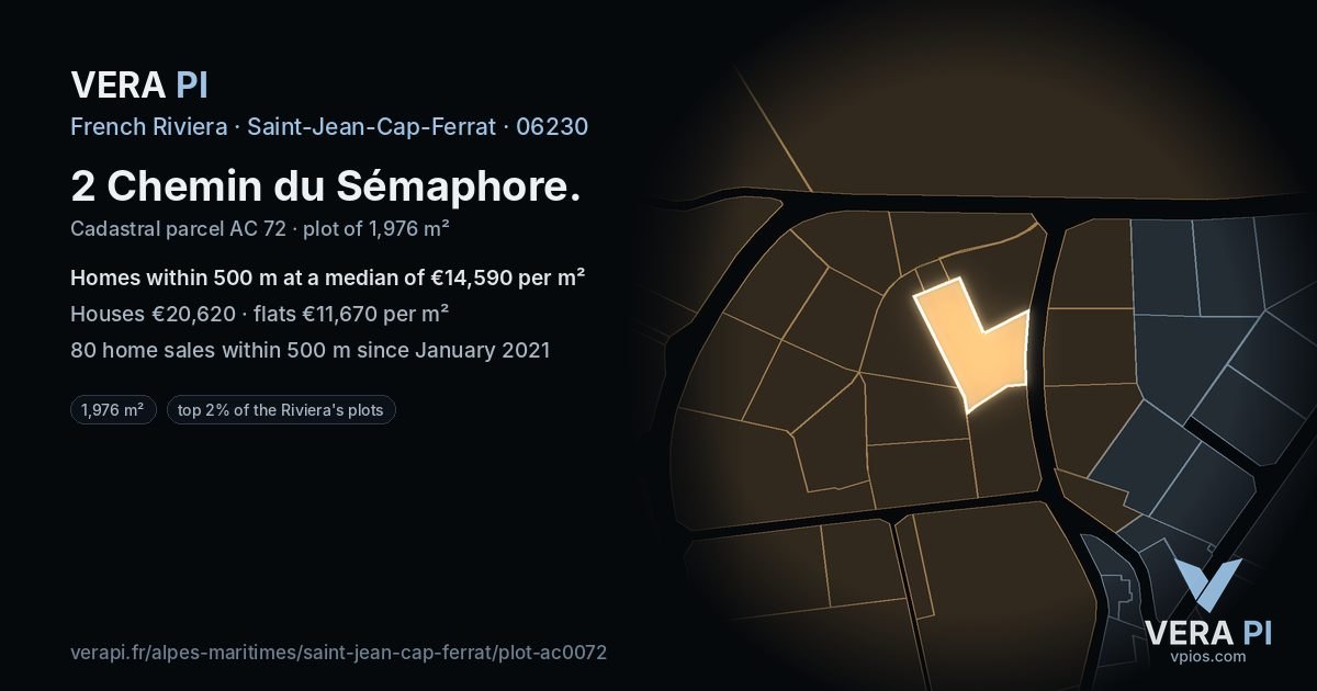 2 Chemin du Sémaphore, Saint-Jean-Cap-Ferrat at night – the plot lit, the parcels around coloured by the prices near them