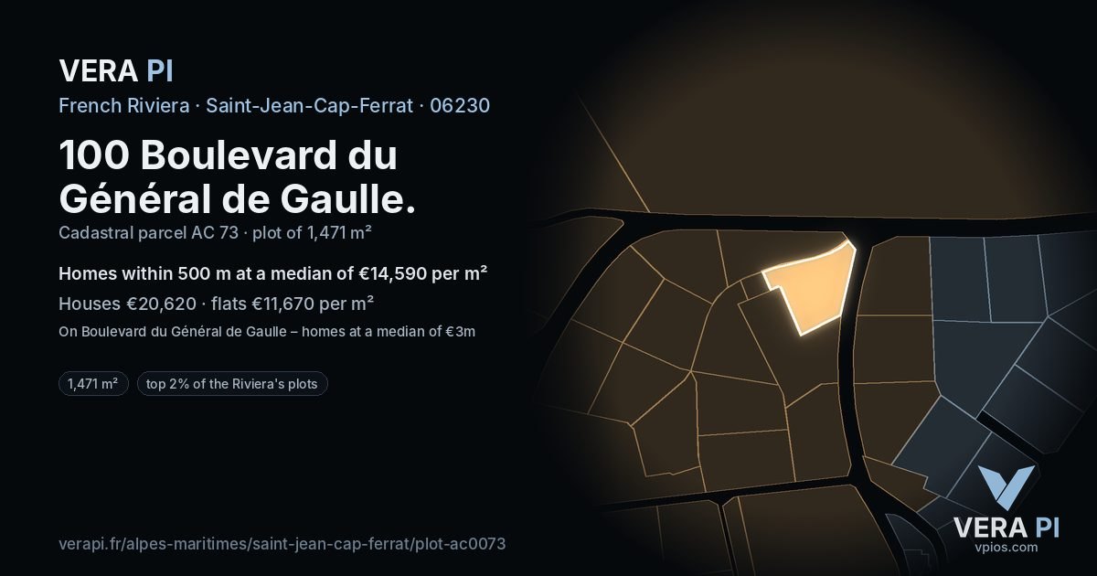 100 Boulevard du Général de Gaulle, Saint-Jean-Cap-Ferrat at night – the plot lit, the parcels around coloured by the prices near them