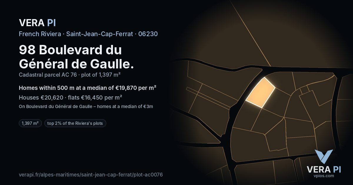 98 Boulevard du Général de Gaulle, Saint-Jean-Cap-Ferrat at night – the plot lit, the parcels around coloured by the prices near them
