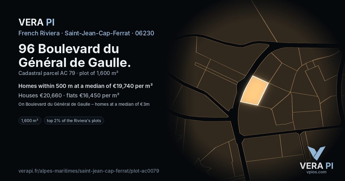 96 Boulevard du Général de Gaulle, Saint-Jean-Cap-Ferrat at night – the plot lit, the parcels around coloured by the prices near them