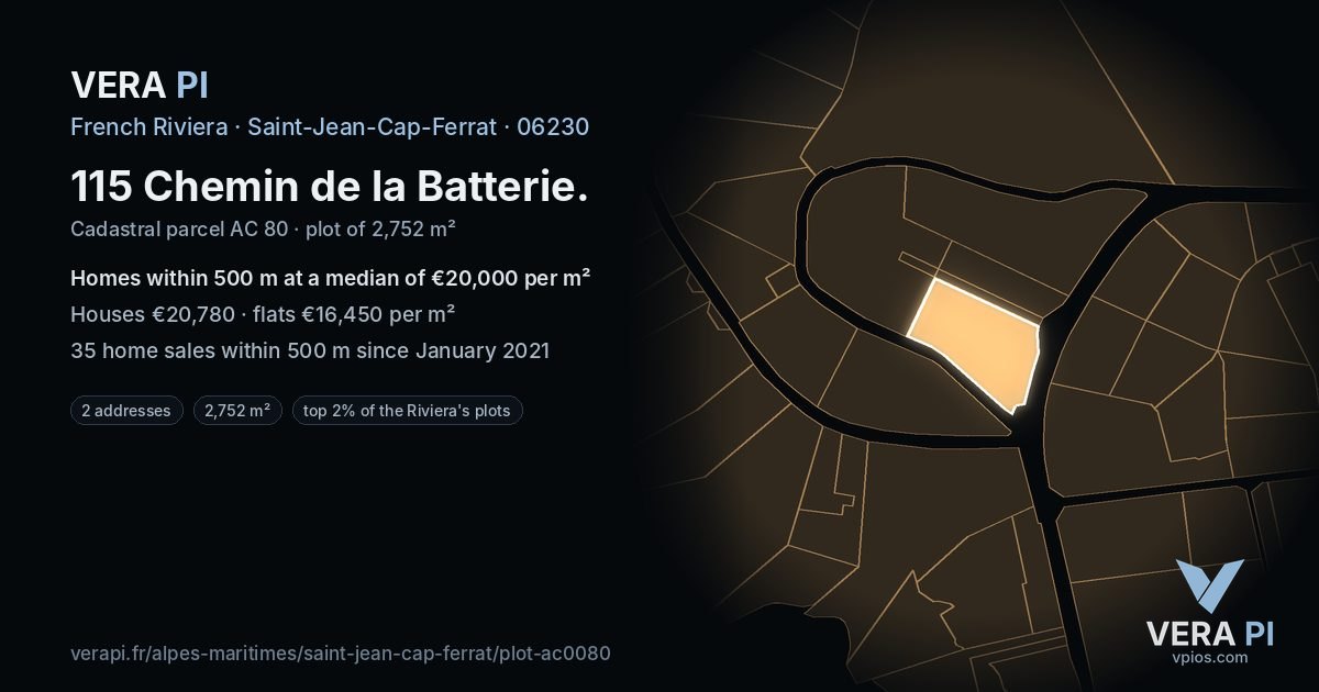 115 Chemin de la Batterie, Saint-Jean-Cap-Ferrat at night – the plot lit, the parcels around coloured by the prices near them