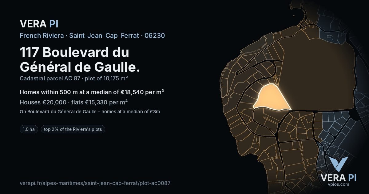 117 Boulevard du Général de Gaulle, Saint-Jean-Cap-Ferrat at night – the plot lit, the parcels around coloured by the prices near them