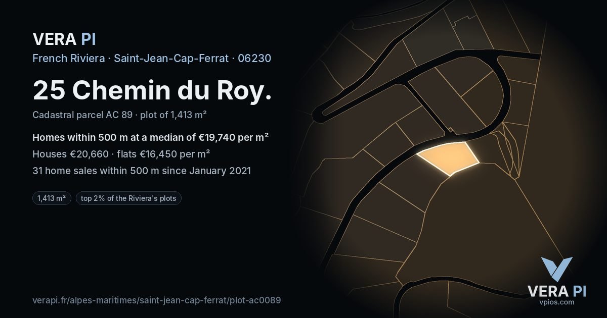 25 Chemin du Roy, Saint-Jean-Cap-Ferrat at night – the plot lit, the parcels around coloured by the prices near them