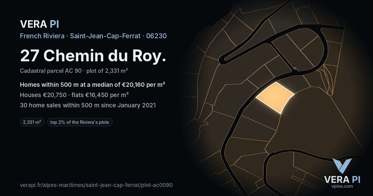 27 Chemin du Roy, Saint-Jean-Cap-Ferrat at night – the plot lit, the parcels around coloured by the prices near them