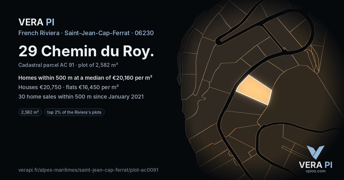 29 Chemin du Roy, Saint-Jean-Cap-Ferrat at night – the plot lit, the parcels around coloured by the prices near them