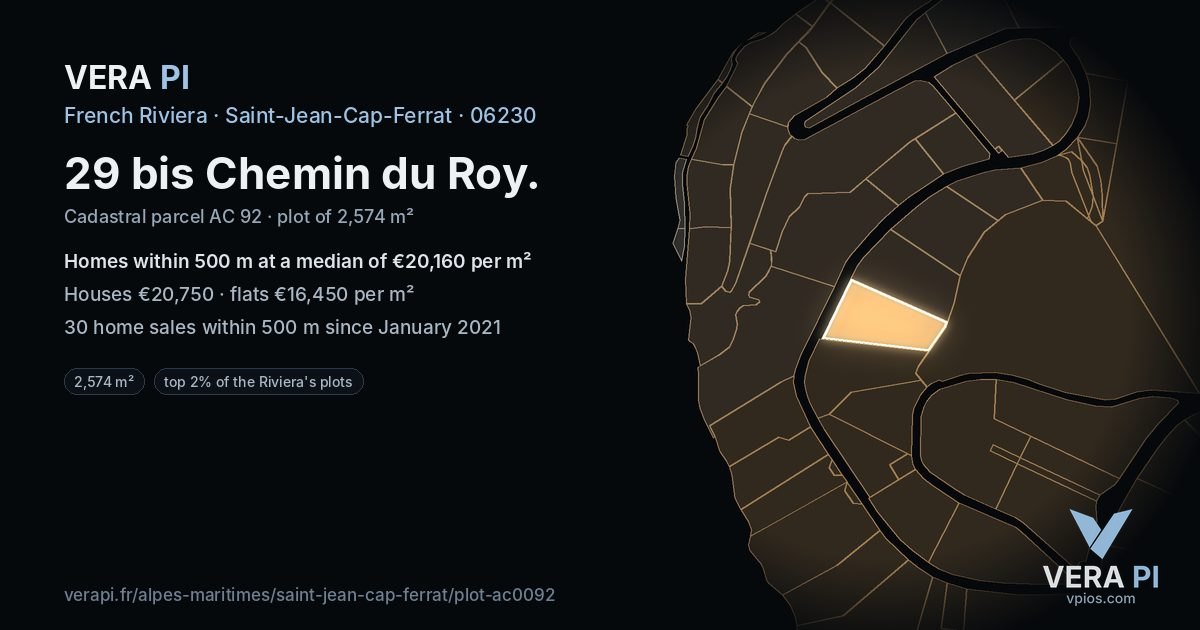 29 bis Chemin du Roy, Saint-Jean-Cap-Ferrat at night – the plot lit, the parcels around coloured by the prices near them