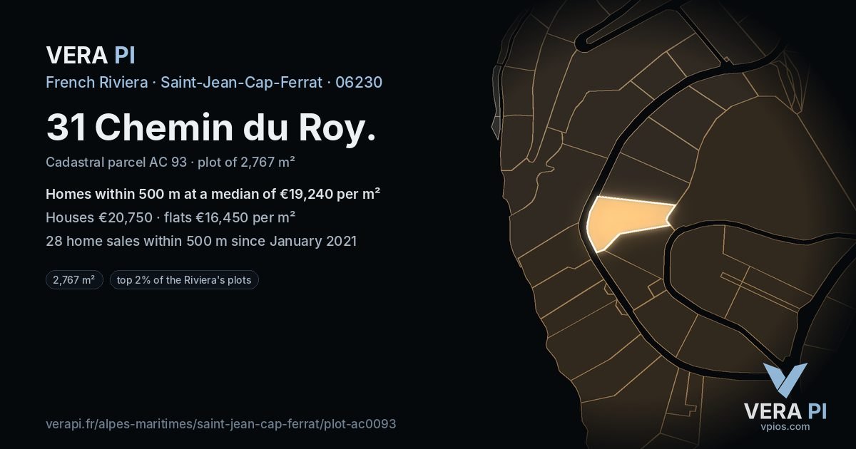 31 Chemin du Roy, Saint-Jean-Cap-Ferrat at night – the plot lit, the parcels around coloured by the prices near them
