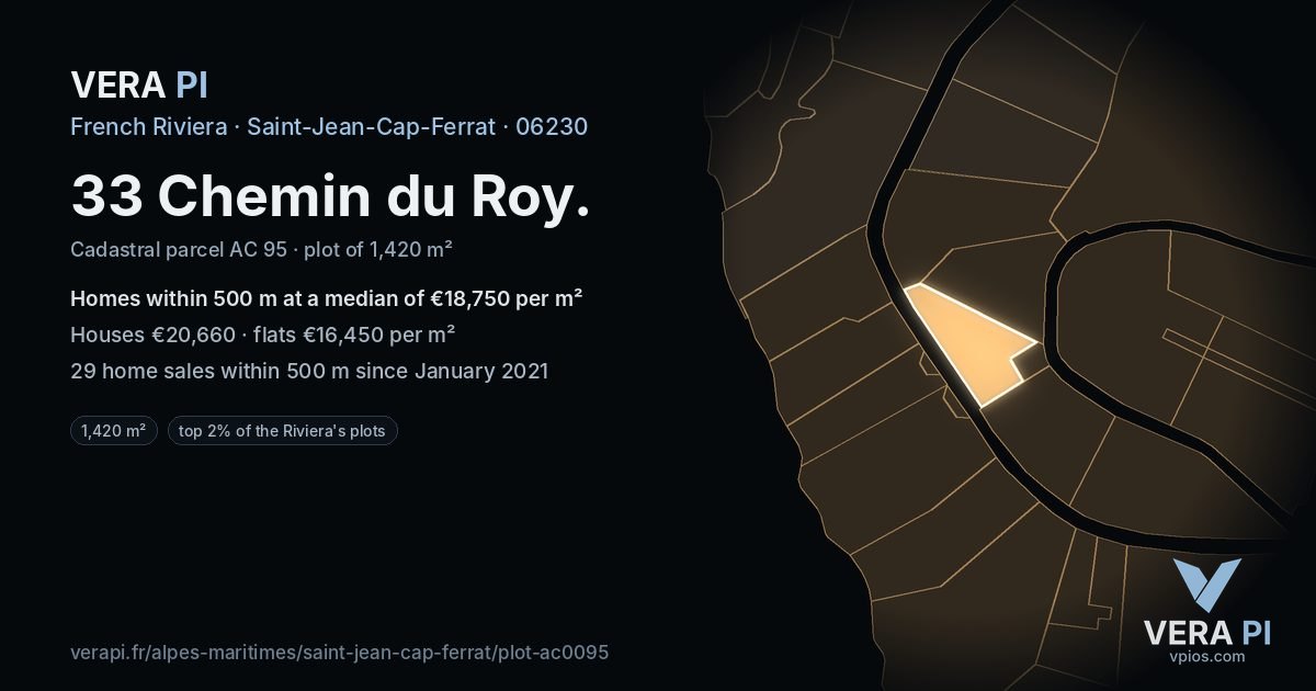 33 Chemin du Roy, Saint-Jean-Cap-Ferrat at night – the plot lit, the parcels around coloured by the prices near them