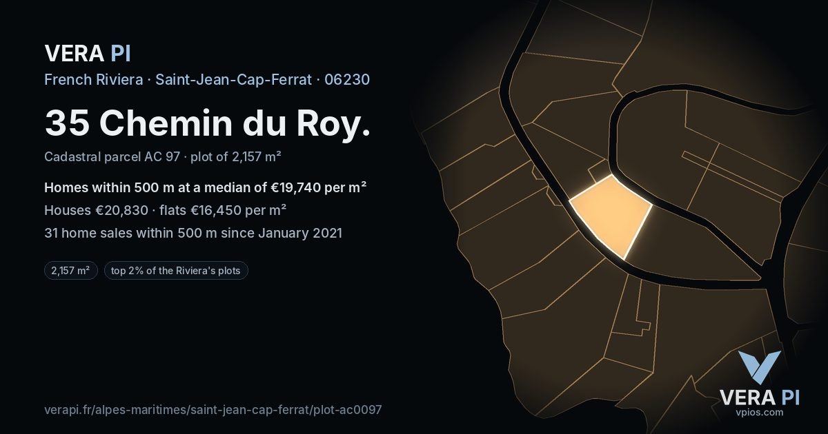 35 Chemin du Roy, Saint-Jean-Cap-Ferrat at night – the plot lit, the parcels around coloured by the prices near them