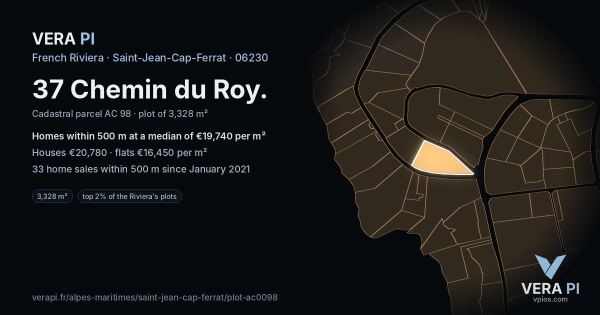 37 Chemin du Roy, Saint-Jean-Cap-Ferrat at night – the plot lit, the parcels around coloured by the prices near them