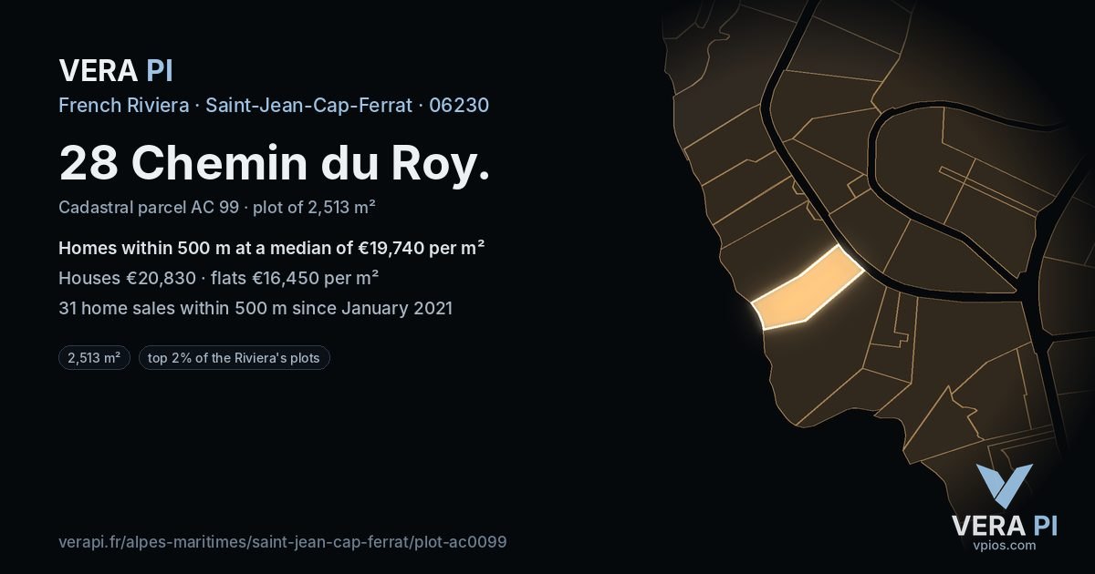 28 Chemin du Roy, Saint-Jean-Cap-Ferrat at night – the plot lit, the parcels around coloured by the prices near them