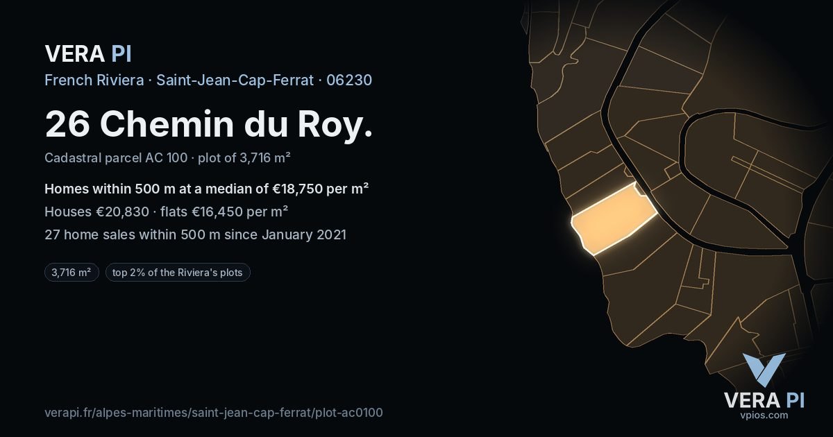 26 Chemin du Roy, Saint-Jean-Cap-Ferrat at night – the plot lit, the parcels around coloured by the prices near them