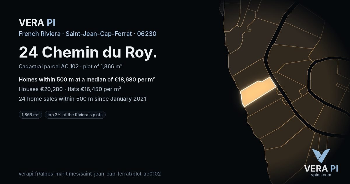 24 Chemin du Roy, Saint-Jean-Cap-Ferrat at night – the plot lit, the parcels around coloured by the prices near them