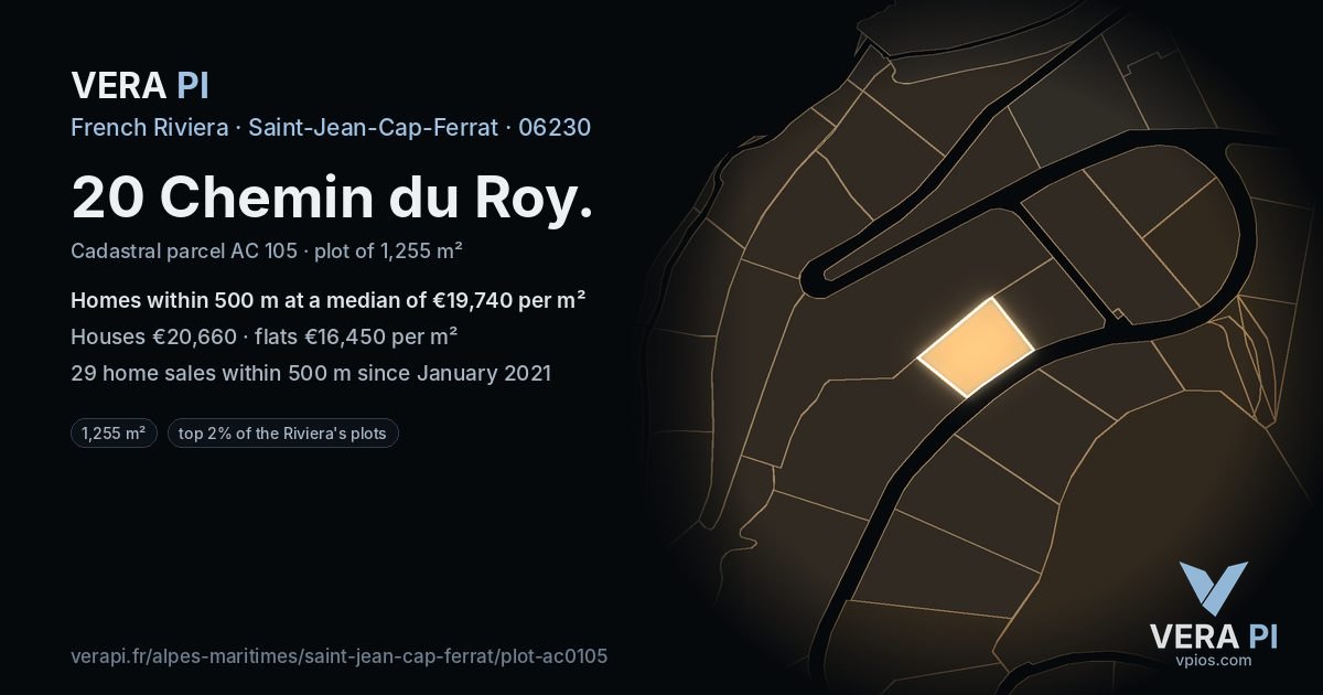 20 Chemin du Roy, Saint-Jean-Cap-Ferrat at night – the plot lit, the parcels around coloured by the prices near them