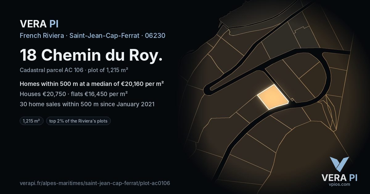 18 Chemin du Roy, Saint-Jean-Cap-Ferrat at night – the plot lit, the parcels around coloured by the prices near them