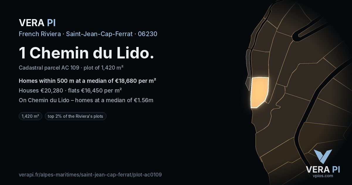 1 Chemin du Lido, Saint-Jean-Cap-Ferrat at night – the plot lit, the parcels around coloured by the prices near them