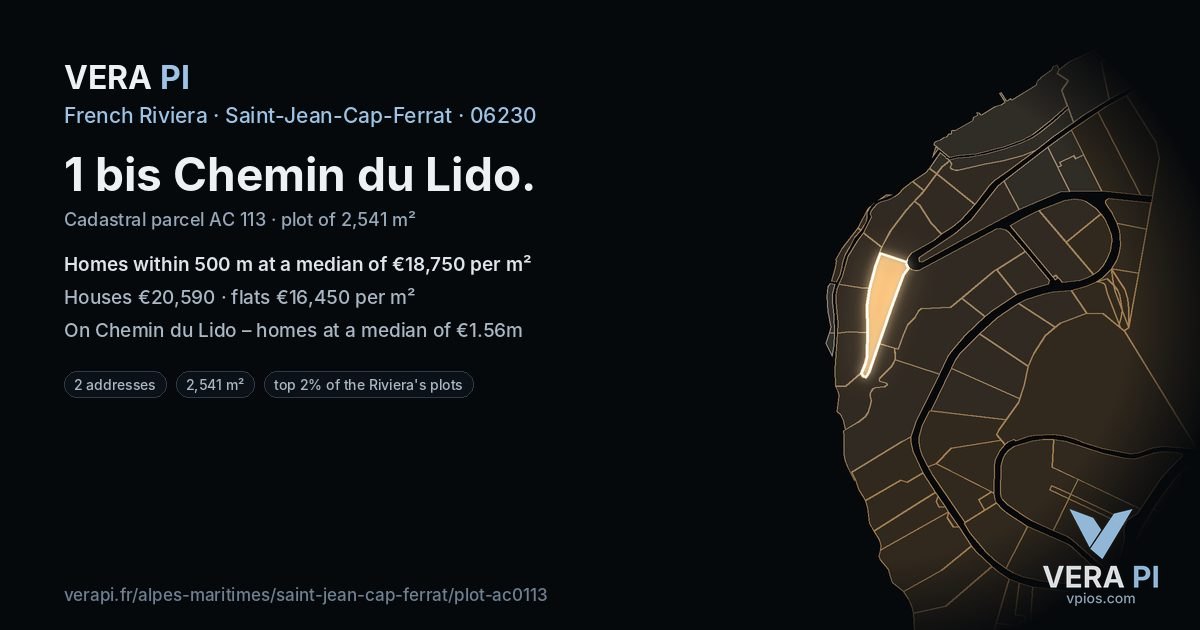 1 bis Chemin du Lido, Saint-Jean-Cap-Ferrat at night – the plot lit, the parcels around coloured by the prices near them