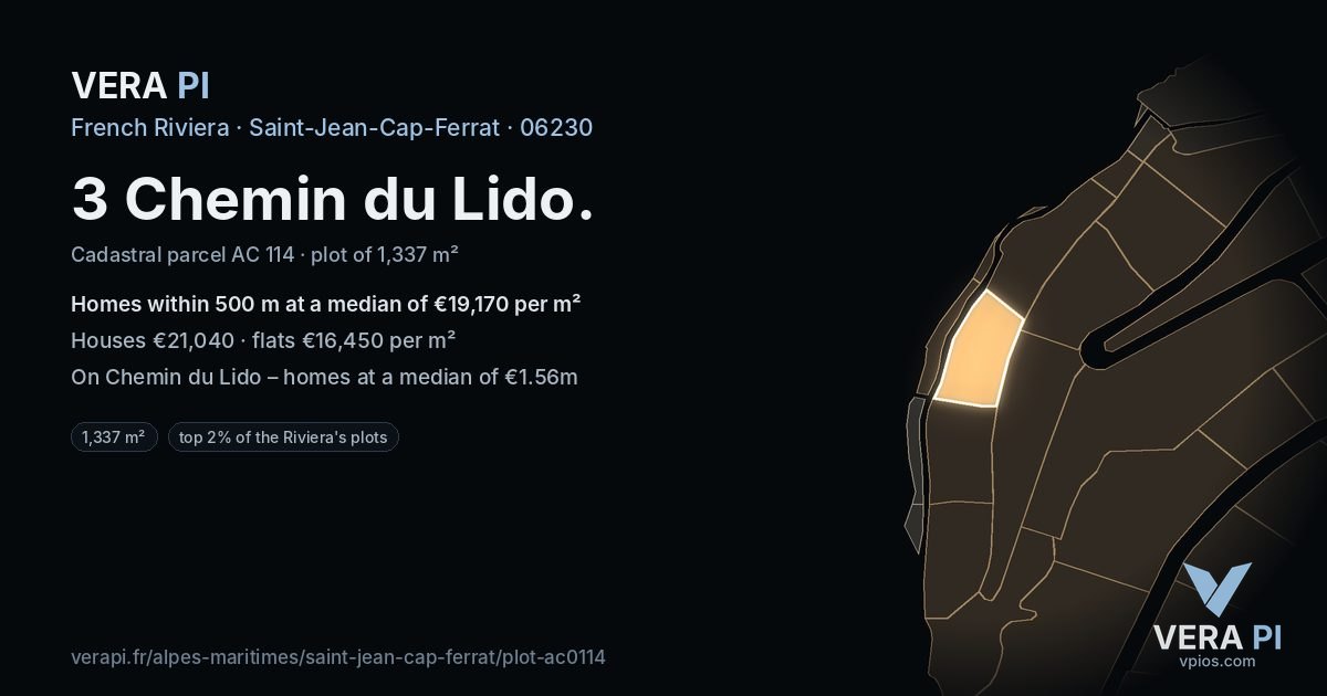 3 Chemin du Lido, Saint-Jean-Cap-Ferrat at night – the plot lit, the parcels around coloured by the prices near them
