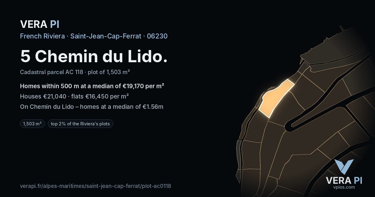 5 Chemin du Lido, Saint-Jean-Cap-Ferrat at night – the plot lit, the parcels around coloured by the prices near them