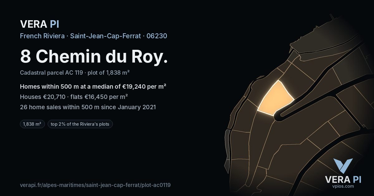 8 Chemin du Roy, Saint-Jean-Cap-Ferrat at night – the plot lit, the parcels around coloured by the prices near them