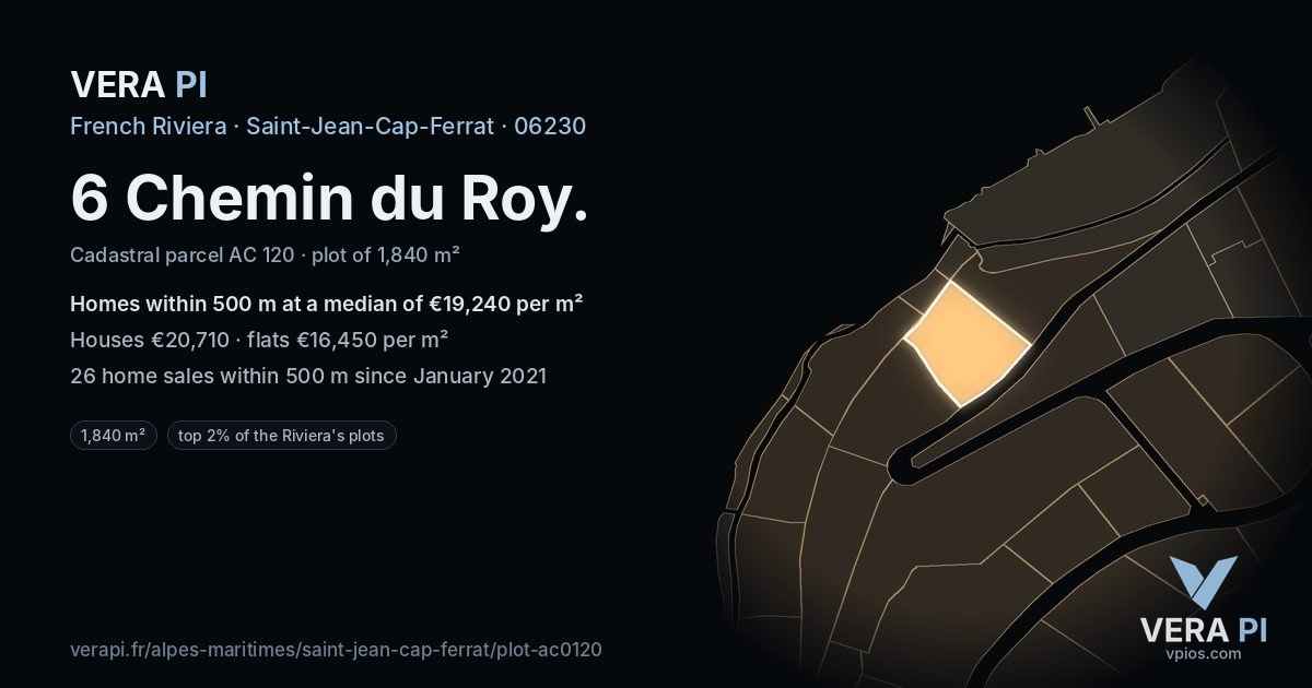 6 Chemin du Roy, Saint-Jean-Cap-Ferrat at night – the plot lit, the parcels around coloured by the prices near them