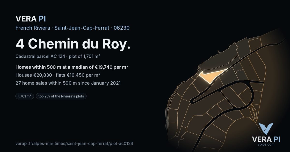 4 Chemin du Roy, Saint-Jean-Cap-Ferrat at night – the plot lit, the parcels around coloured by the prices near them