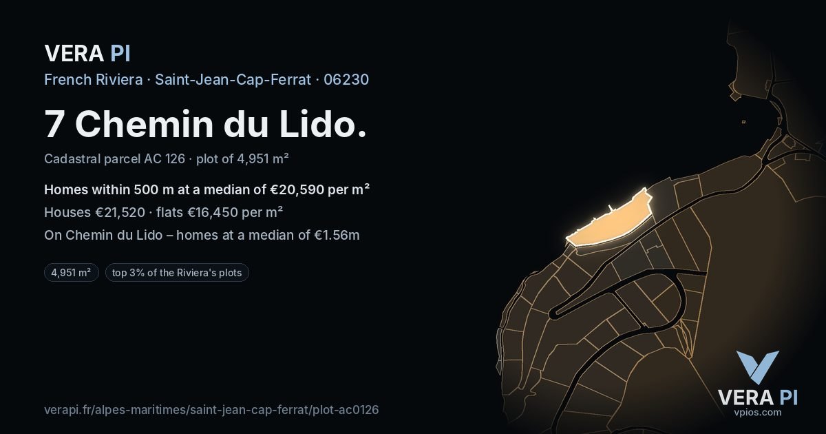 7 Chemin du Lido, Saint-Jean-Cap-Ferrat at night – the plot lit, the parcels around coloured by the prices near them