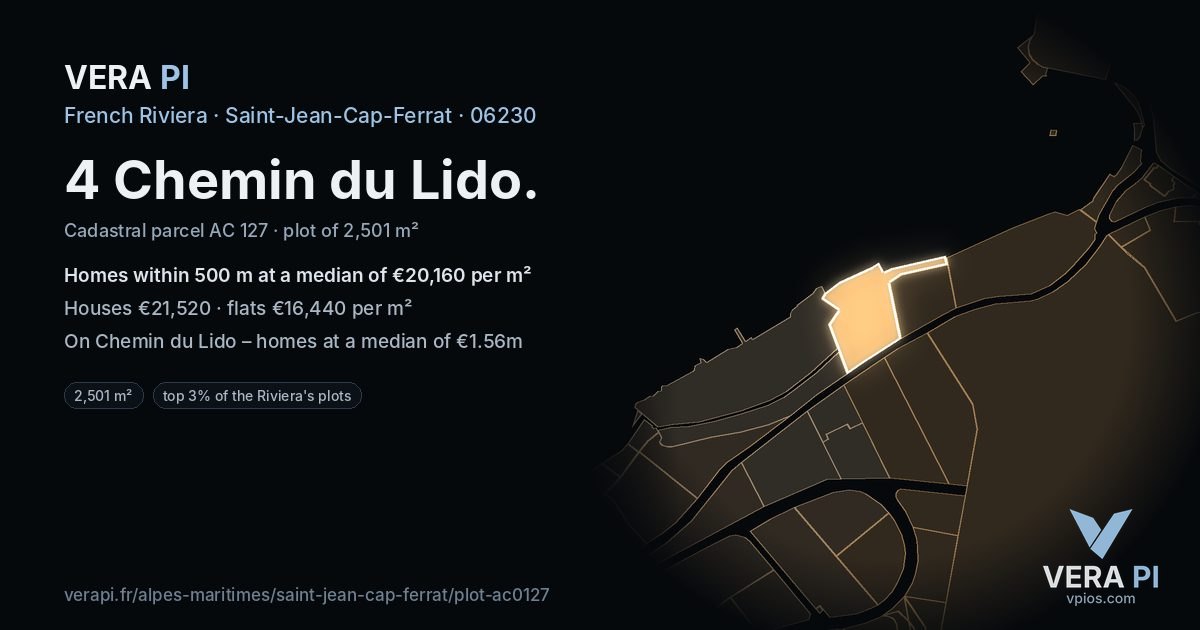 4 Chemin du Lido, Saint-Jean-Cap-Ferrat at night – the plot lit, the parcels around coloured by the prices near them