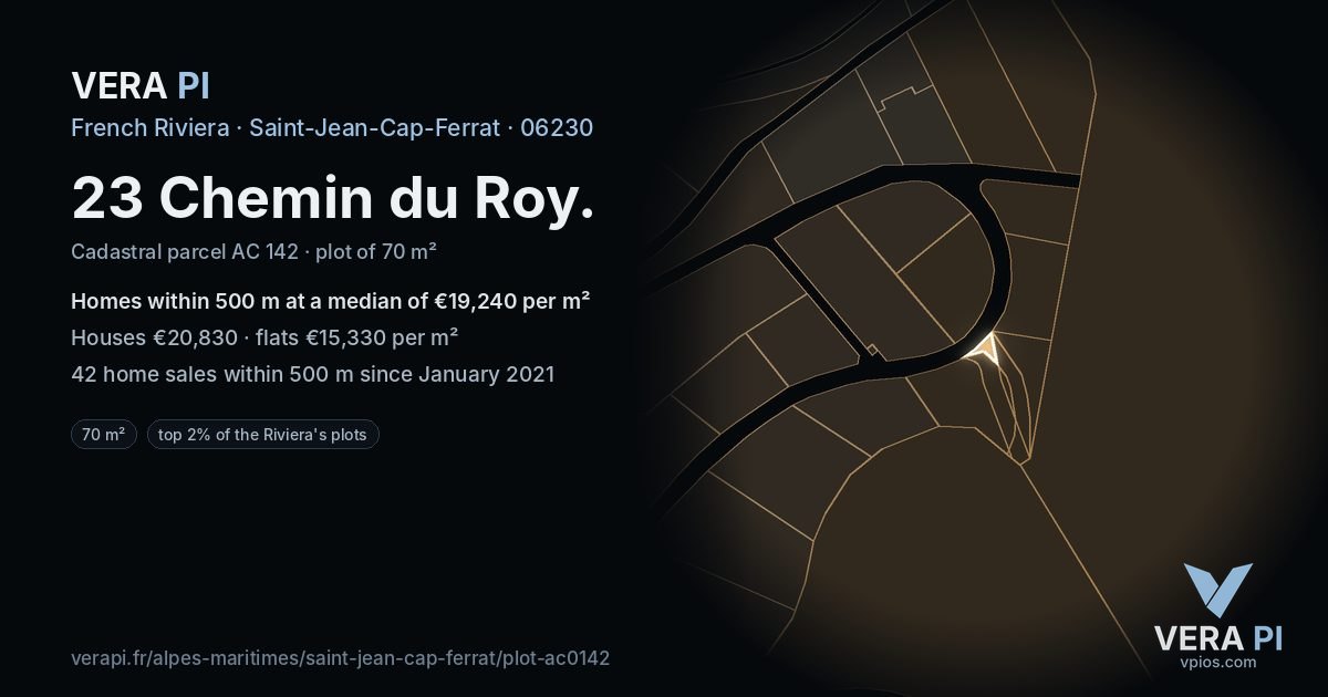 23 Chemin du Roy, Saint-Jean-Cap-Ferrat at night – the plot lit, the parcels around coloured by the prices near them