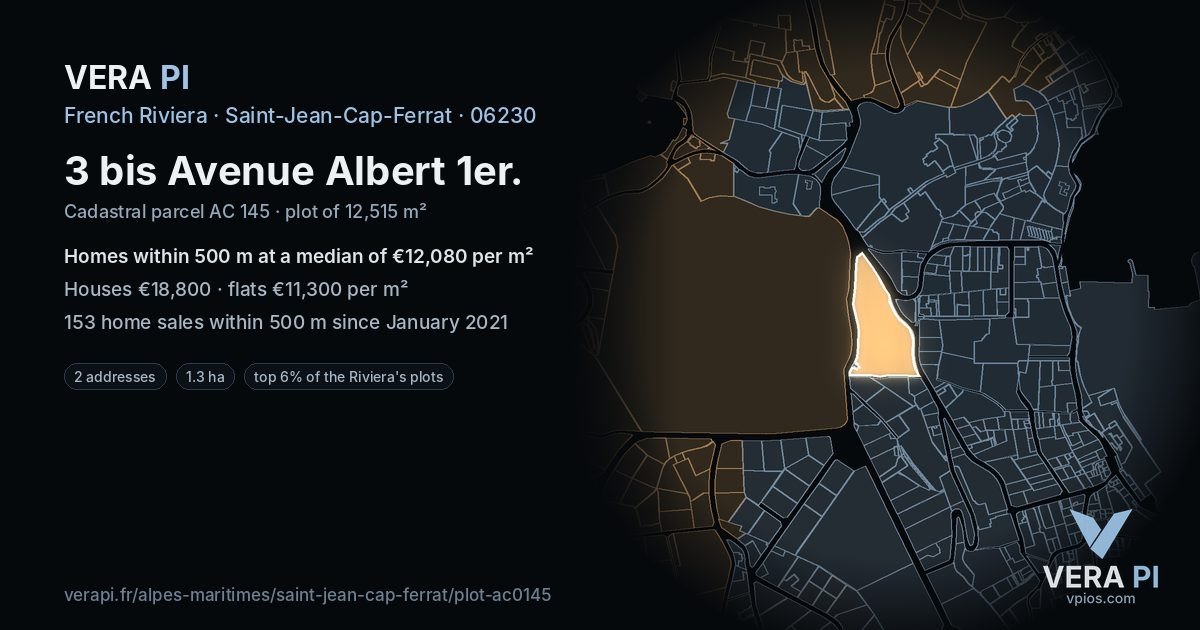 3 bis Avenue Albert 1er, Saint-Jean-Cap-Ferrat at night – the plot lit, the parcels around coloured by the prices near them