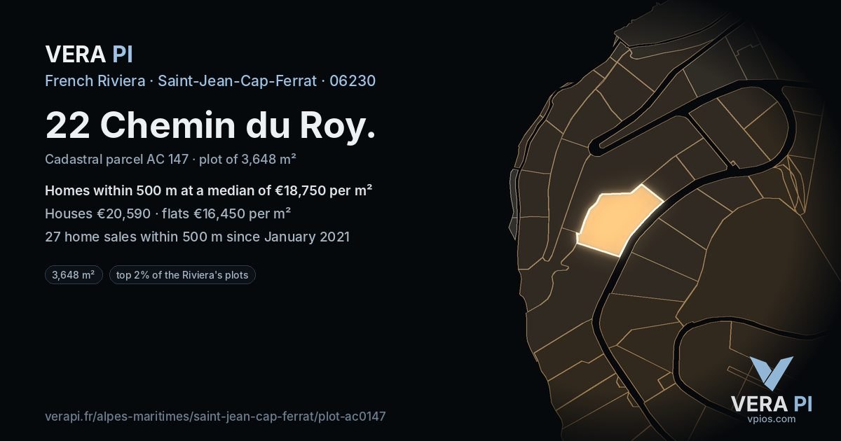 22 Chemin du Roy, Saint-Jean-Cap-Ferrat at night – the plot lit, the parcels around coloured by the prices near them