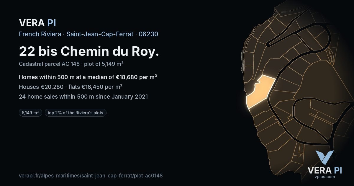 22 bis Chemin du Roy, Saint-Jean-Cap-Ferrat at night – the plot lit, the parcels around coloured by the prices near them