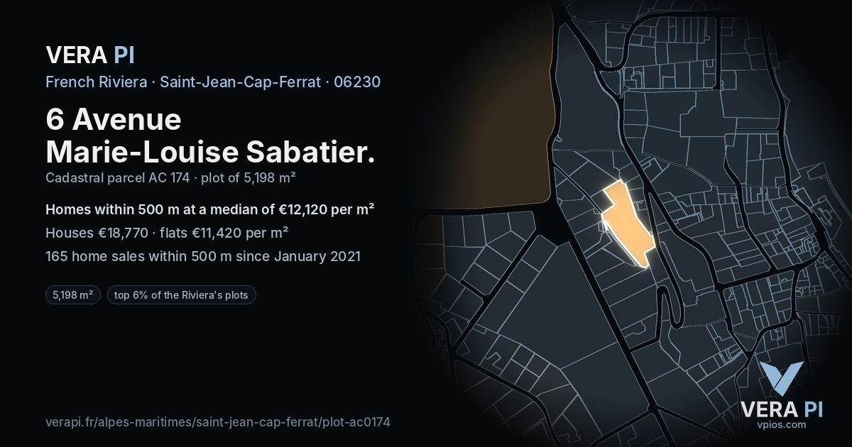 6 Avenue Marie-Louise Sabatier, Saint-Jean-Cap-Ferrat at night – the plot lit, the parcels around coloured by the prices near them